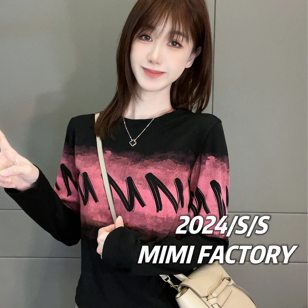 芈芈-2024早秋长袖 彩拔印花长袖T恤女修身显瘦百搭上衣XCTQ