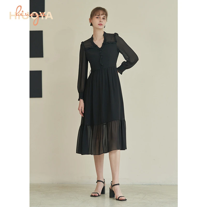 HIUOYA【春装新品】法式气质复古春季显瘦黑色连衣裙 23179906