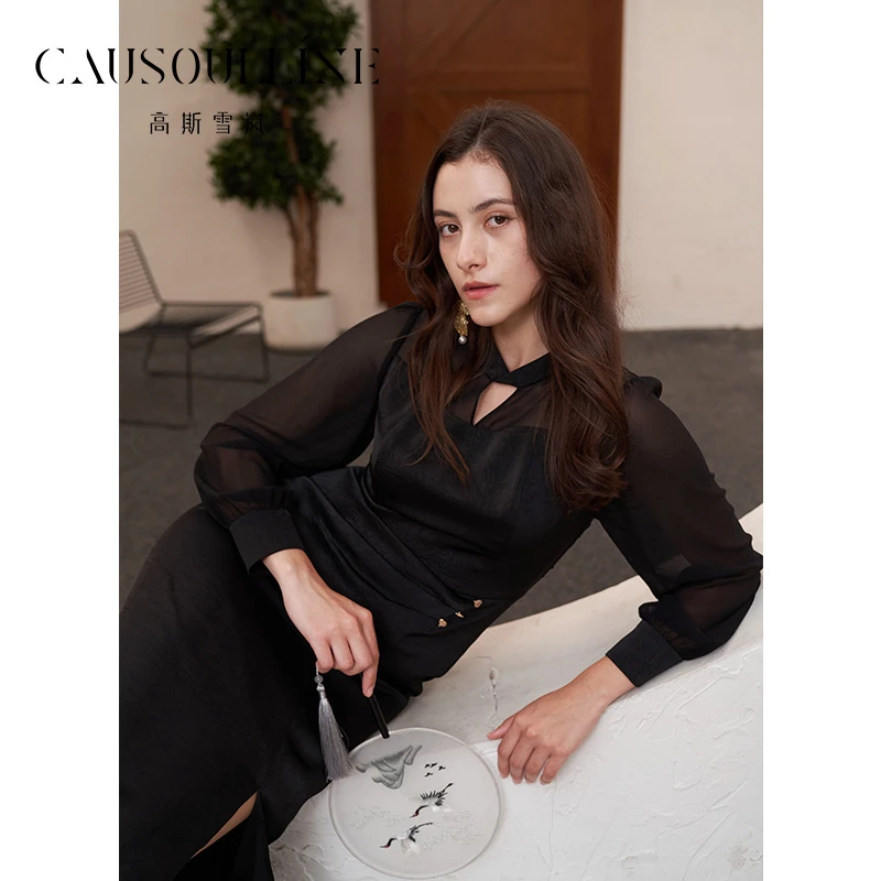 高斯雪岚【秋装活动】时尚气质小黑裙收腰女装宽松连衣裙24316126