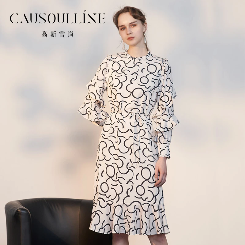 高斯雪岚中长款鱼尾款连衣裙女春季显肤色系带印花裙女22118206