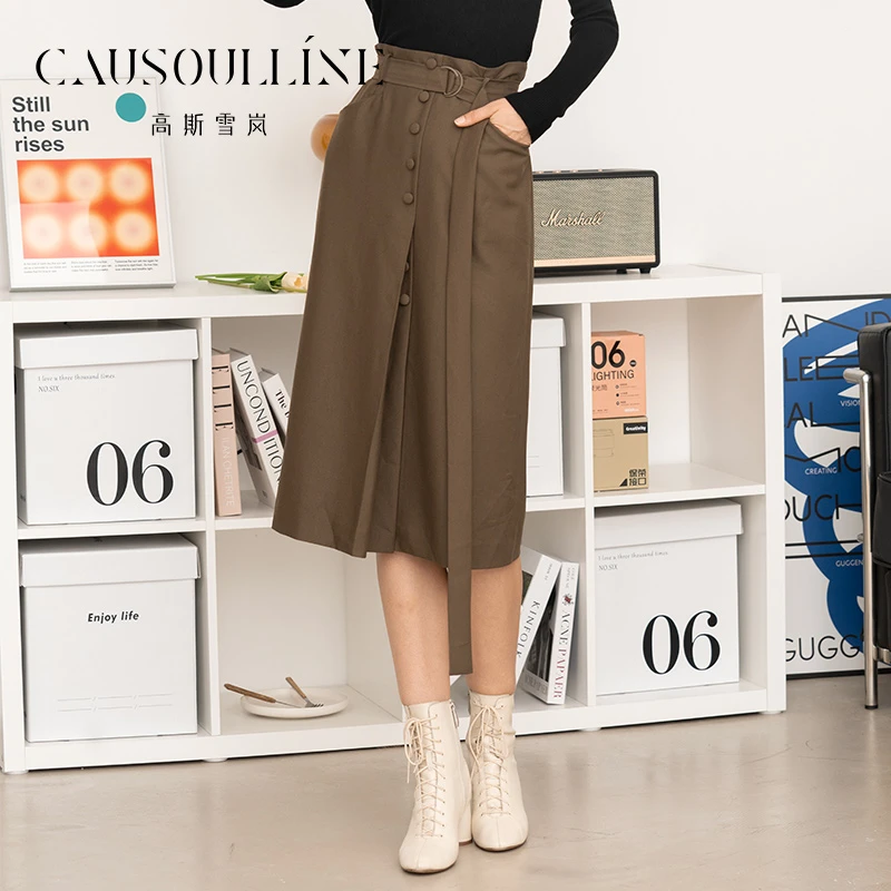 高斯雪岚秋季新款半身裙女高腰系带遮跨女士半裙22316065