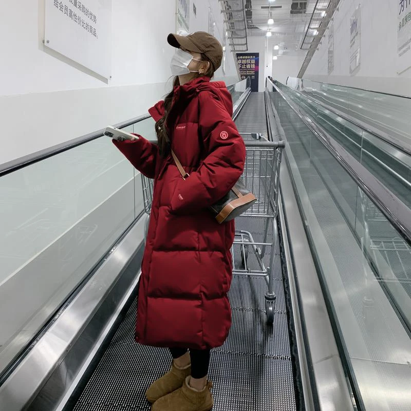红色中戏长款羽绒服女冬季收腰韩系加厚过膝90白鸭绒羽绒服女款