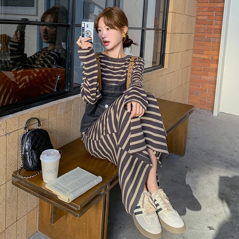 牛仔马甲条纹连衣裙套装女2024秋季新款法式轻熟风休闲长裙两件套