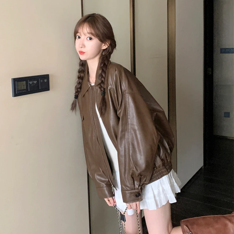 棕色皮衣外套女早秋港风复古甜酷机车春游pu皮夹克美拉德穿搭炸街