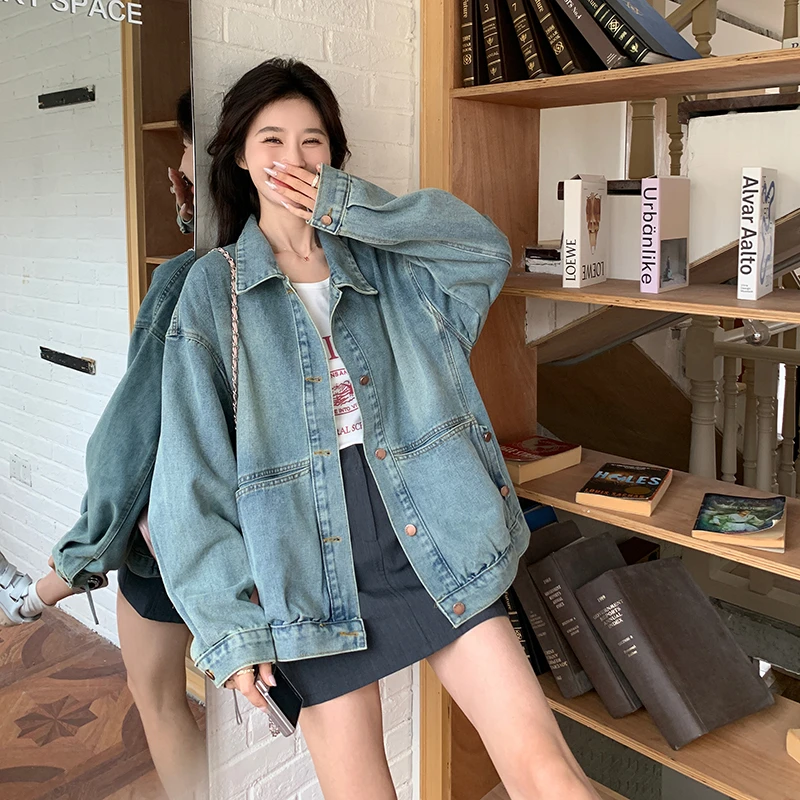 港风复古牛仔外套女春秋2024新款设计感宽松休闲减龄工装夹克上衣