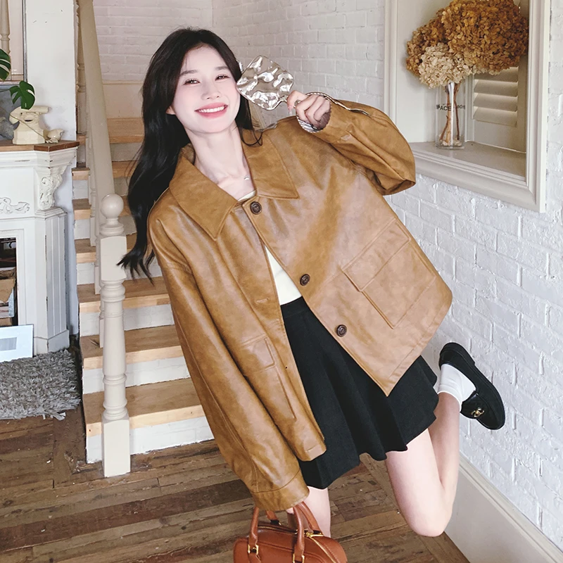 棕色美拉德皮衣外套女2024秋季新款美式复古慵懒chic休闲pu皮夹克