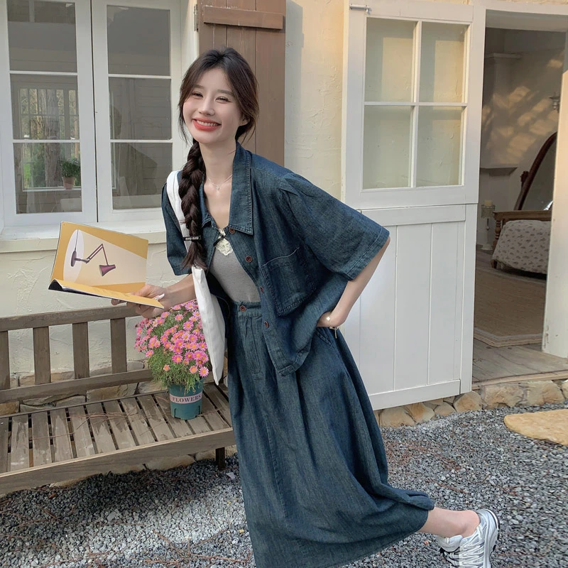 盐系轻熟牛仔衬衫套装裙女夏季微胖显瘦一整套炸街减龄显瘦两件套