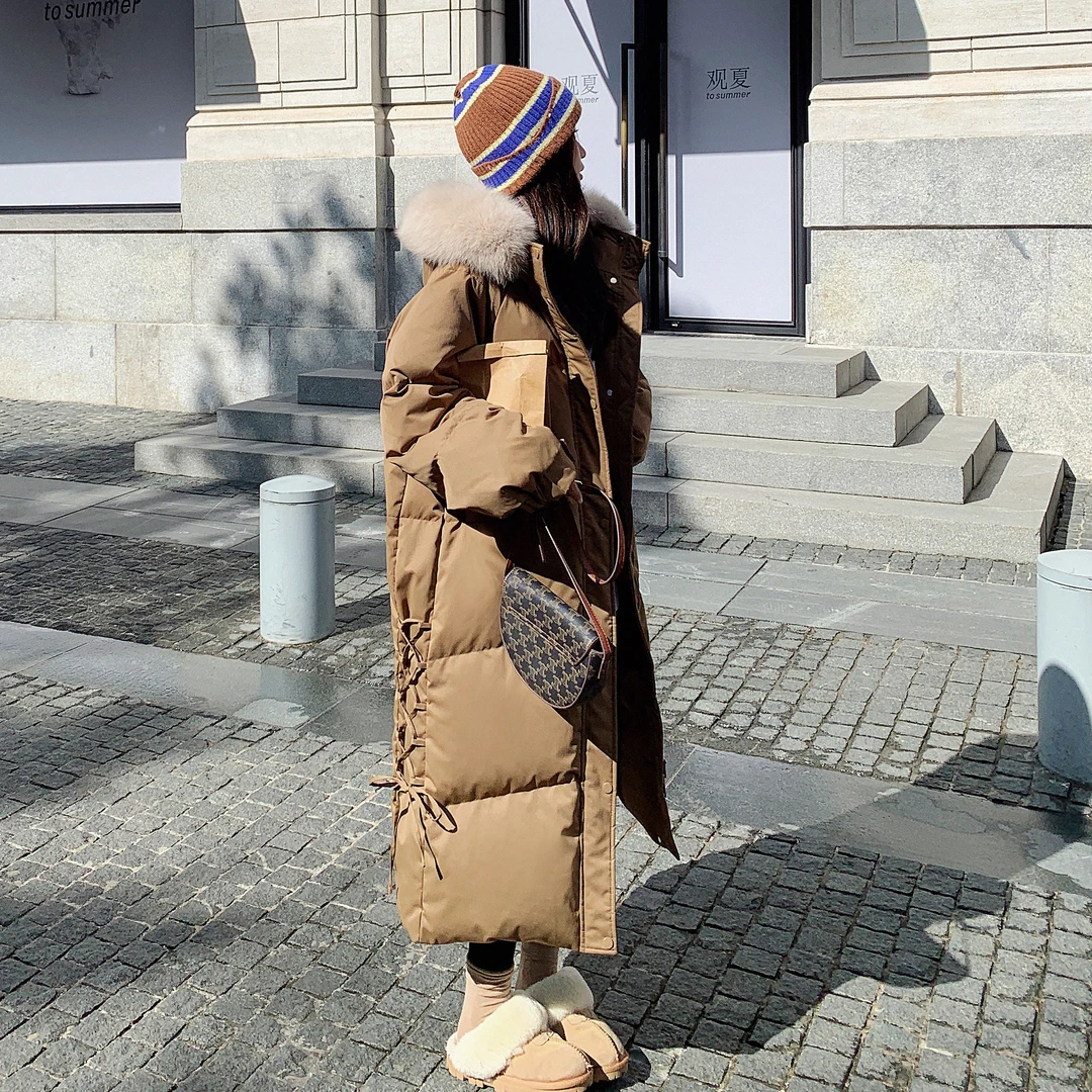 奶咖色大毛领长款羽绒服女冬季2024新款宽松加厚保暖90白鸭绒外套