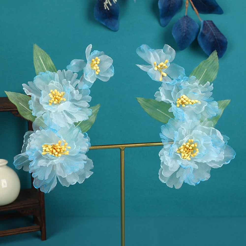 超仙啊汉服古风发饰蓝色森系牡丹烫花头饰发饰妆造韩服头饰古典舞