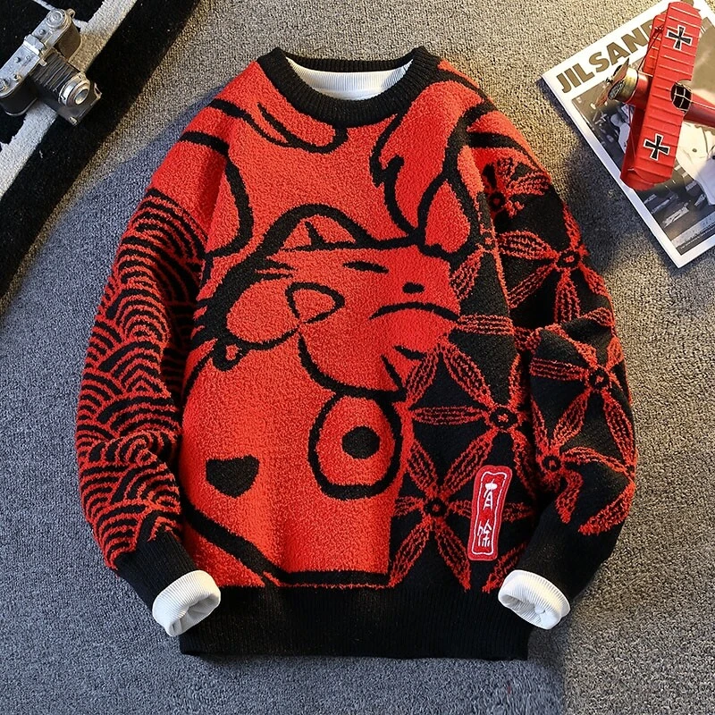 新年红冬季青年男士撞色提花圆领套头针织毛衣潮流百搭保暖上衣