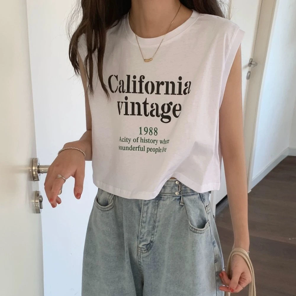 夏季新款韩版宽松无袖恤女短款字母印花坎肩外穿百搭背心上衣潮