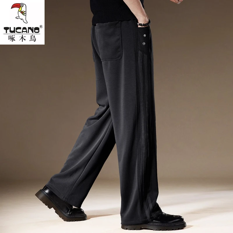 高端美式垂感阔腿休闲裤男秋季新款侧条纹宽松大码运动直筒裤子男