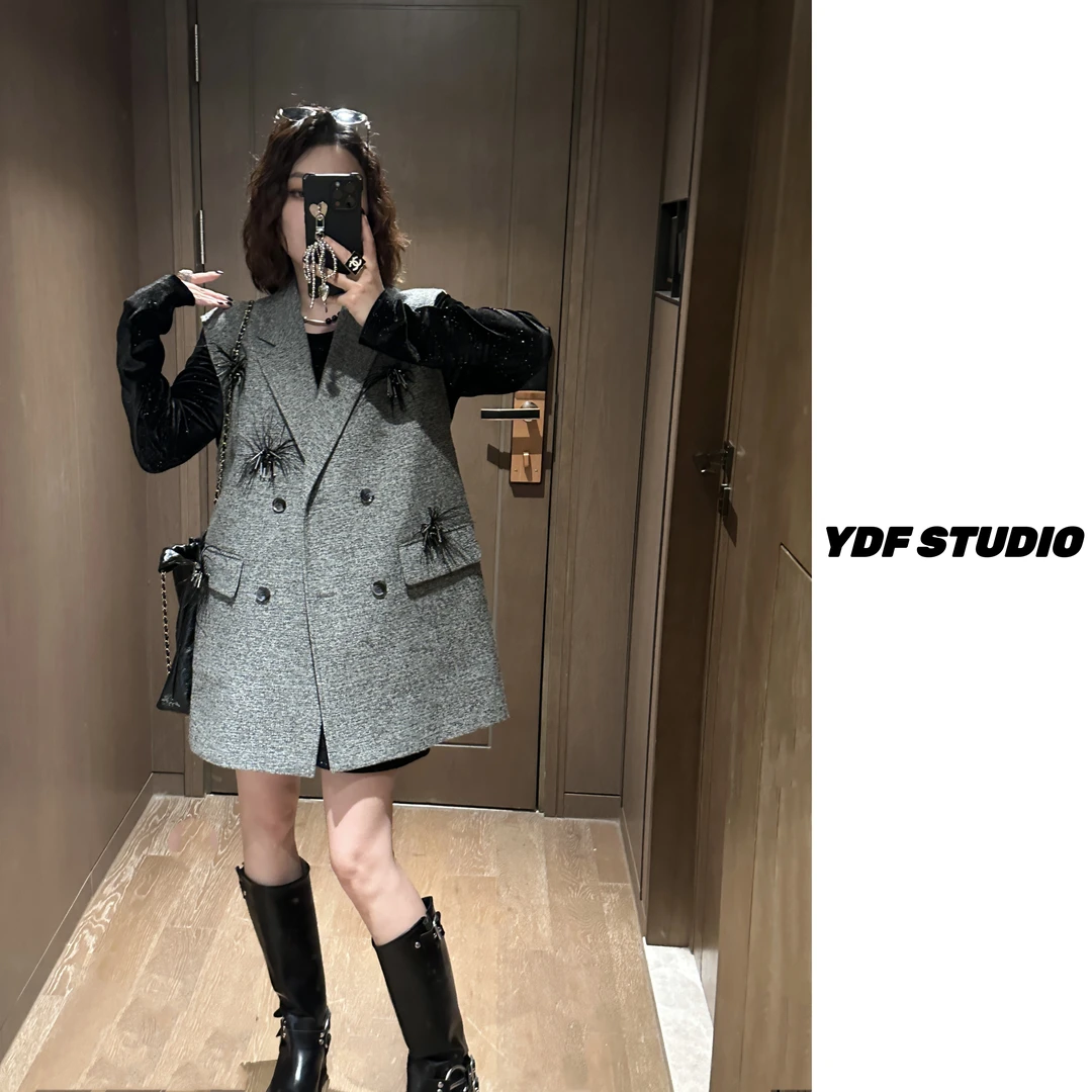 YDFSTUDIO小众【简爱日记】欧货高品羽毛装饰设计小香时尚西装马夹