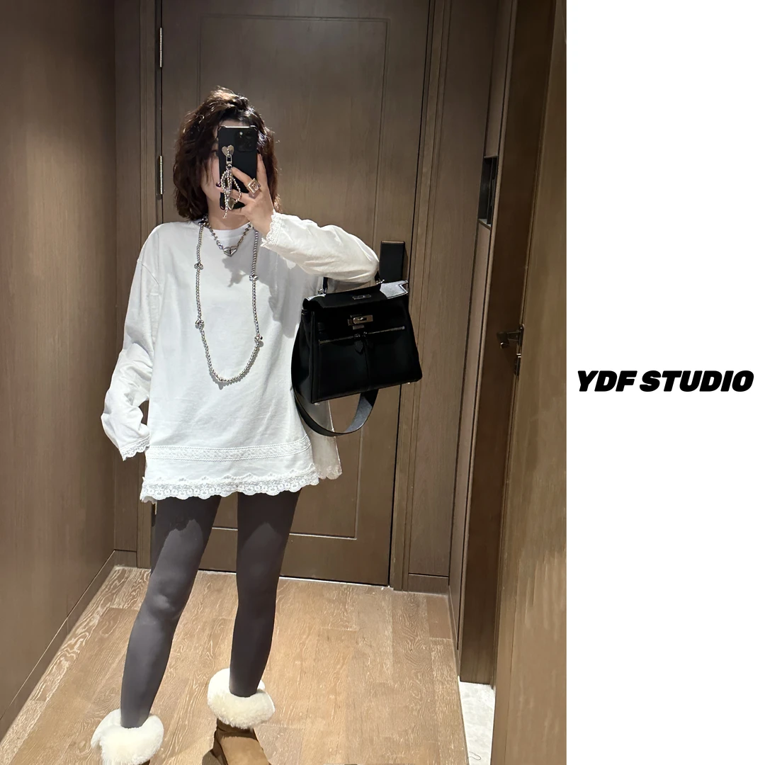 YDFSTUDIO小众【蕾丝边边】欧货高品磨毛蕾丝设计百搭宽松显瘦T恤
