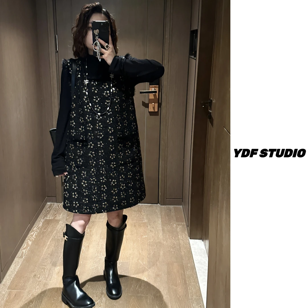 YDFSTUDIO小众【冬日典藏】欧货高品亮片花朵拼毛设计小香风背心裙