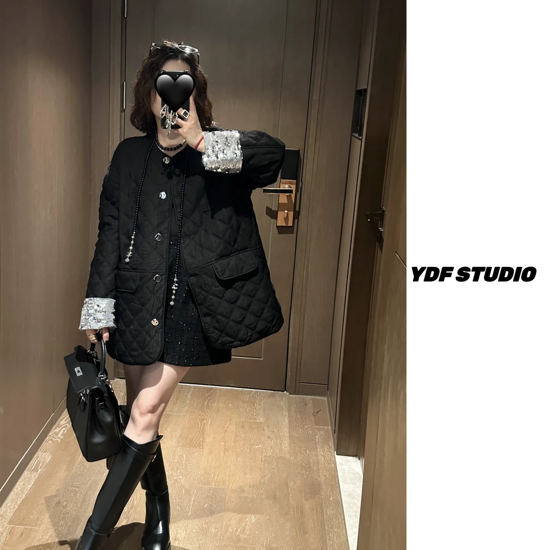 YDFSTUDIO小众【曼哈顿】欧货高品绗缝设计袖口拼接亮片百搭棉服