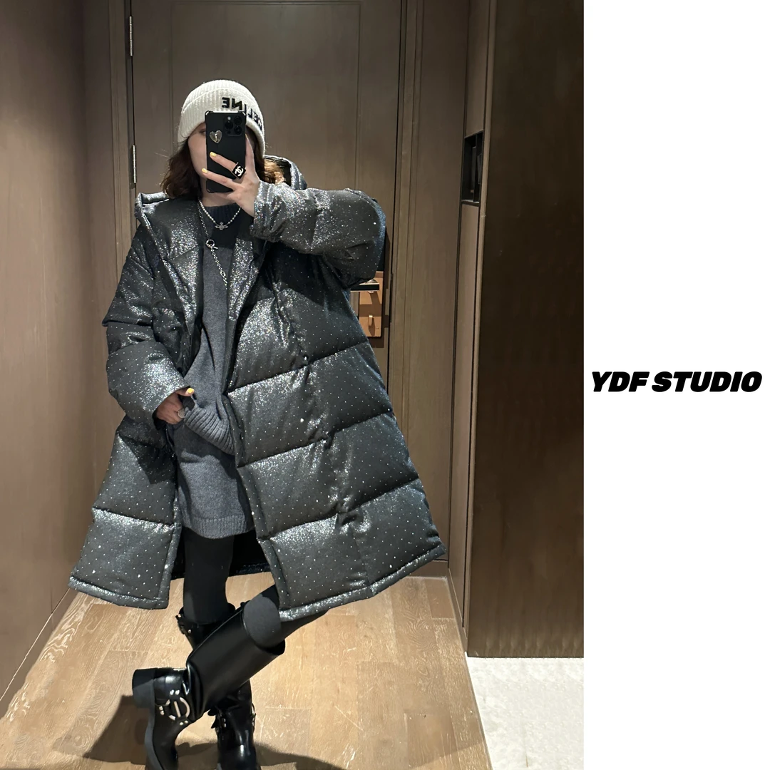 YDFSTUDIO小众【派对银光】高品定制面料烫钻设计连帽大牌羽绒服女