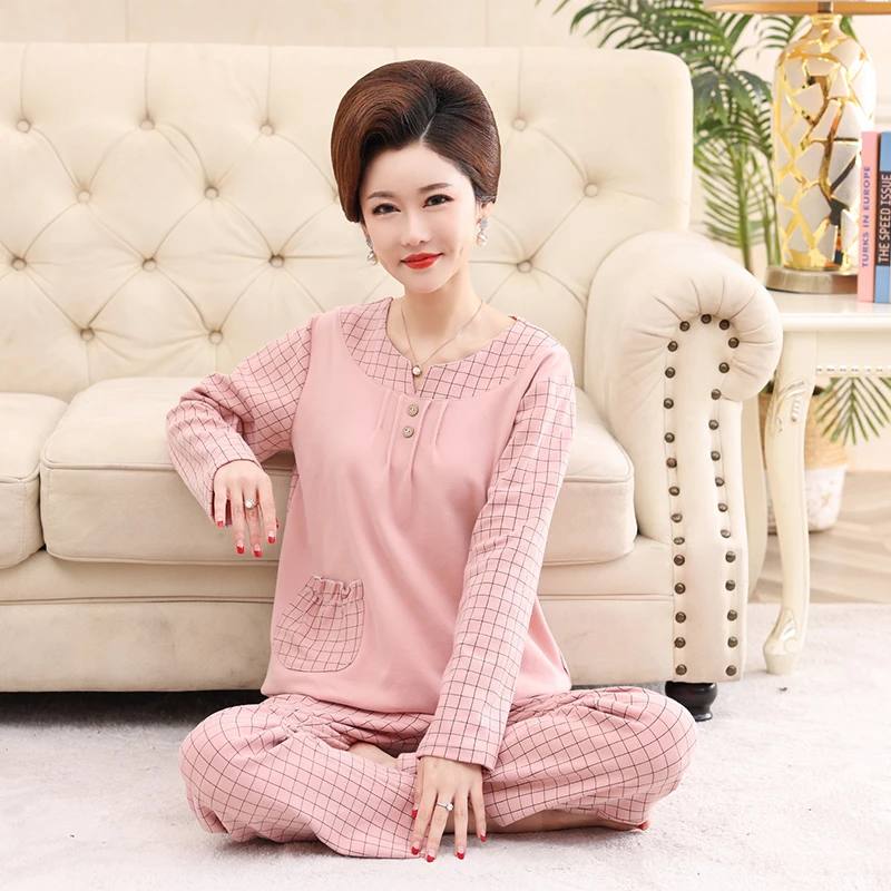 中老年睡衣女士春秋款纯棉长袖家居服中年人妈妈加肥加大码两件套