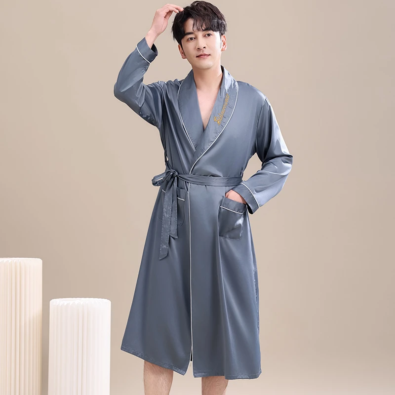 冰丝绸睡袍男士春夏季薄款长袖仿真丝绸睡衣春秋款家居服浴袍晨袍