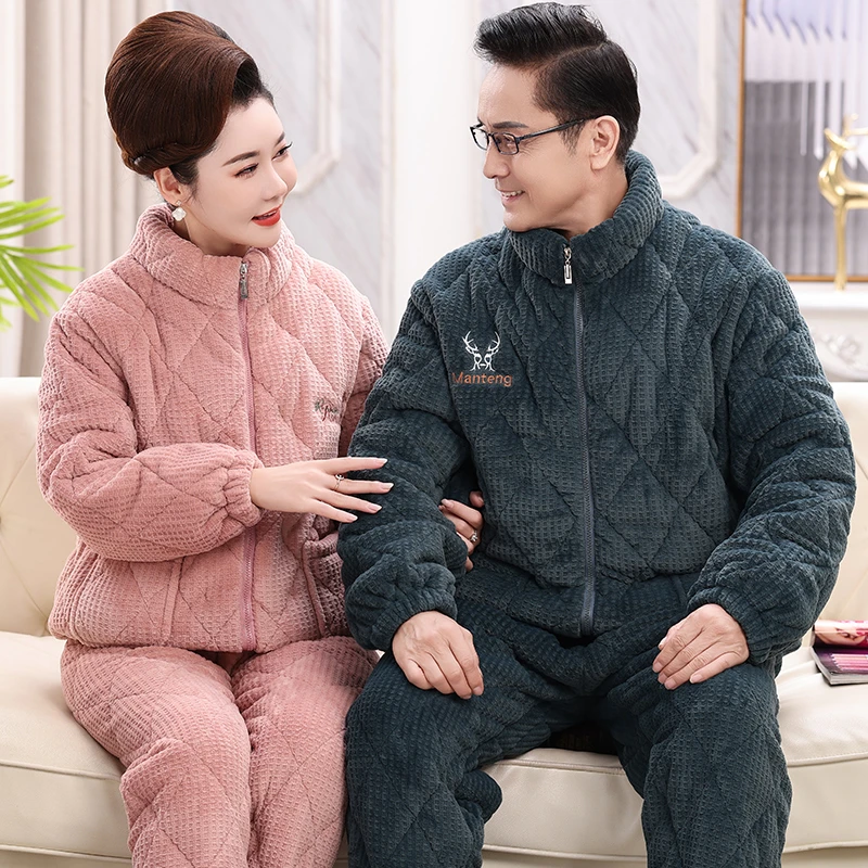 中老年睡衣女情侣珊瑚绒保暖三层夹棉男士加厚加绒爸爸妈妈秋冬季