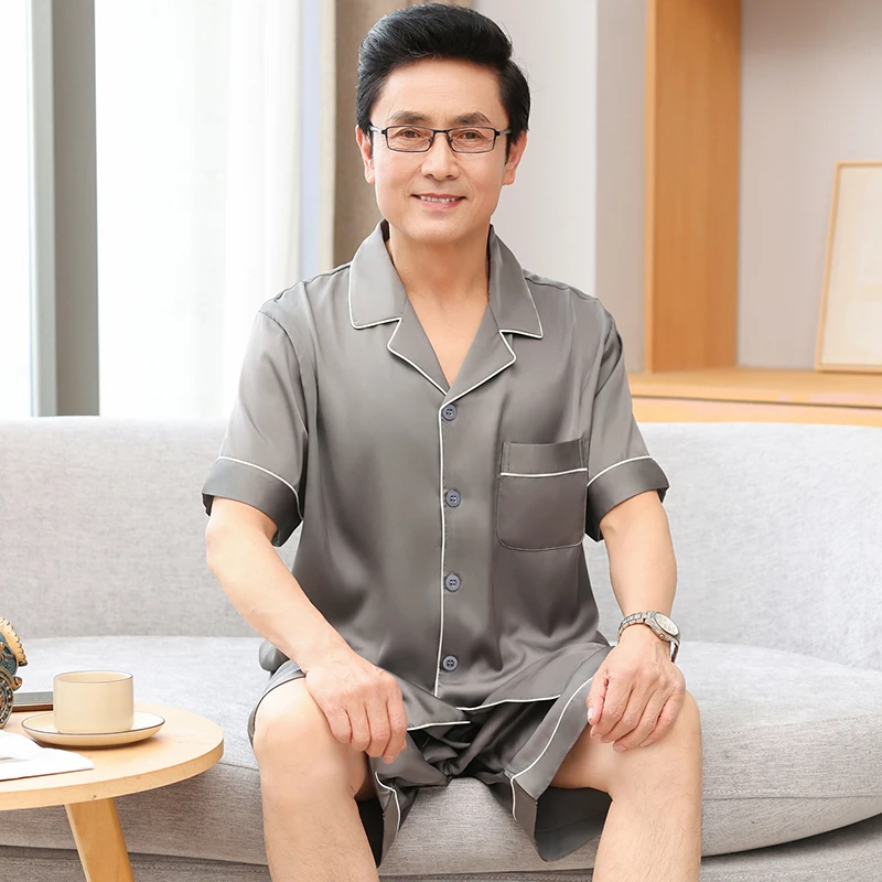 中老年爸爸睡衣男士夏季冰丝短袖短裤薄款夏天仿真丝绸家居服套装
