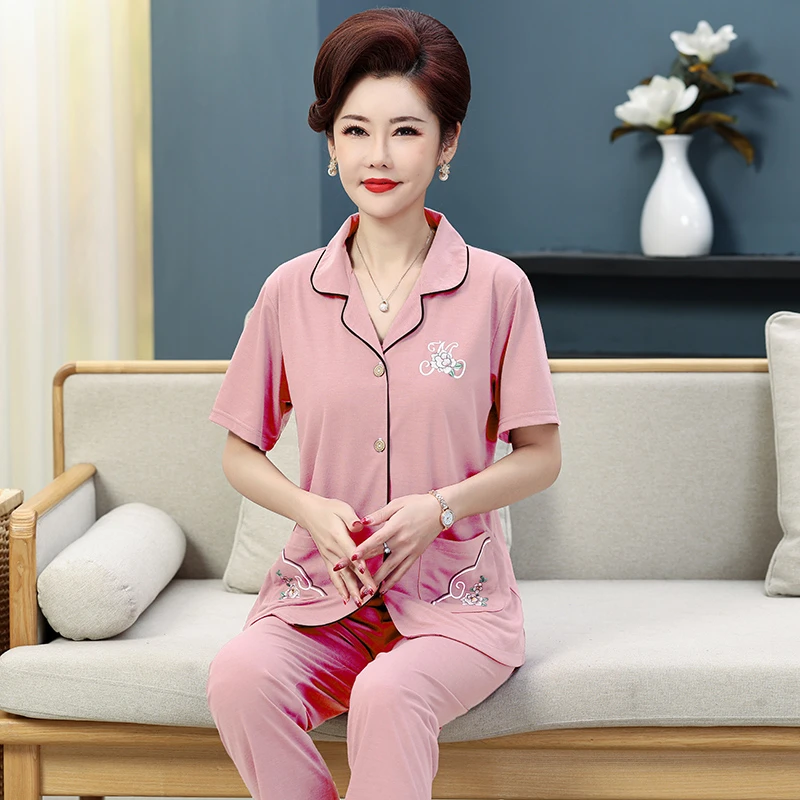 纯棉睡衣女士夏季薄款短袖长裤开衫中老年人妈妈可外穿家居服套装