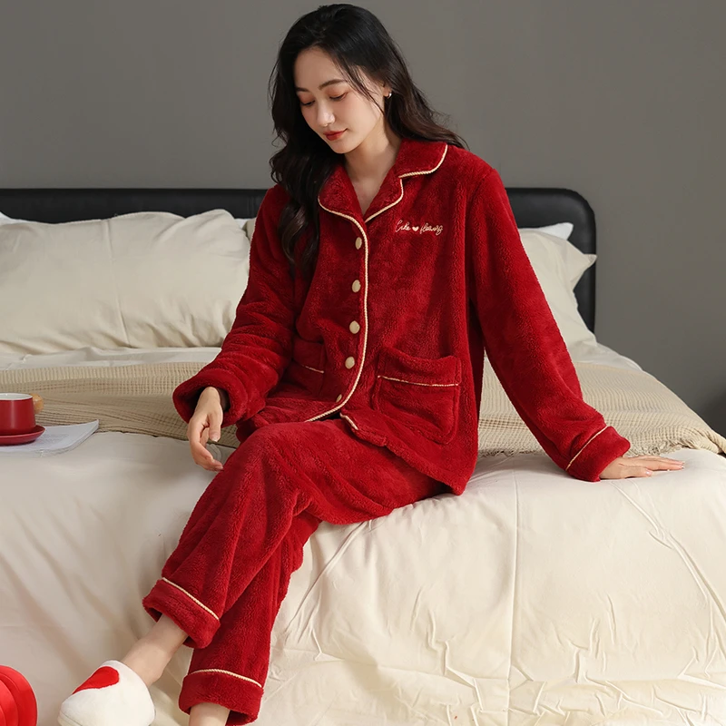 珊瑚绒睡衣女秋冬款加绒加厚大红色本命年结婚新婚冬季家居服套装