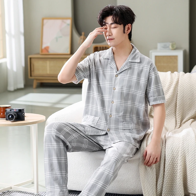 睡衣男士中老年纯棉短袖长裤宽松大码中年爸爸薄款家居服套装夏季