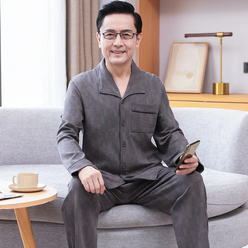 爸爸睡衣春款纯棉中年男士长袖老年人居家服男春秋季套装老人全棉