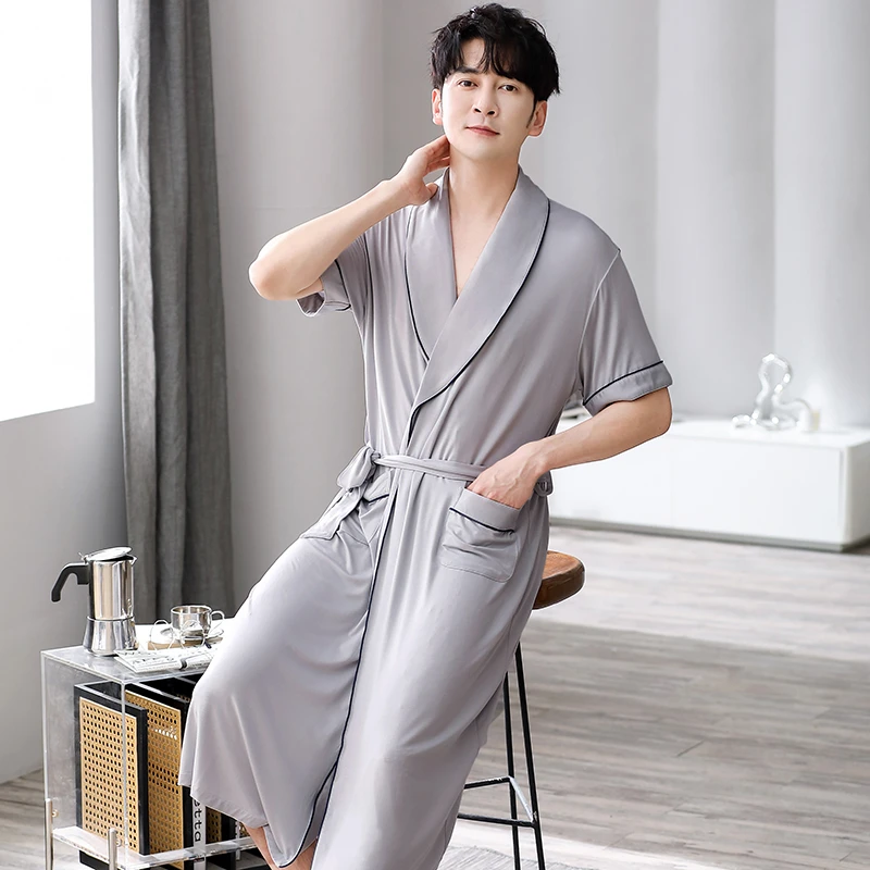 睡袍男士莫代尔棉夏季中长款浴袍薄款高档男士洗澡后穿家居服睡衣