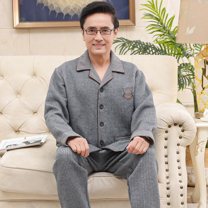 中老年人爸爸睡衣男秋冬季纯棉加厚夹层薄夹棉加肥加大家居服套装