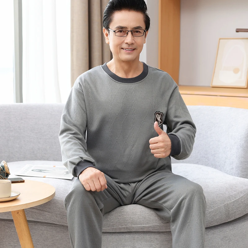 睡衣秋冬男士夹层薄款中老年大码爸爸保暖可外穿空气棉家居服套装
