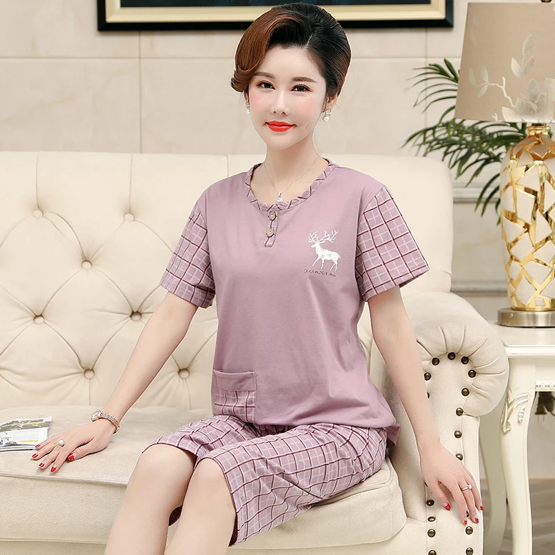 中老年睡衣女夏季纯棉短袖七分裤妈妈款家居服中年加大码夏天套装