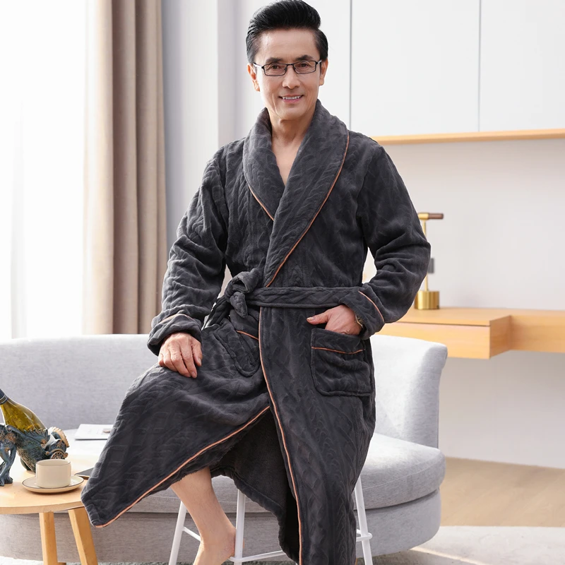 中年爸爸睡衣男睡袍冬季加厚加绒珊瑚绒保暖中老年法兰绒浴袍浴衣