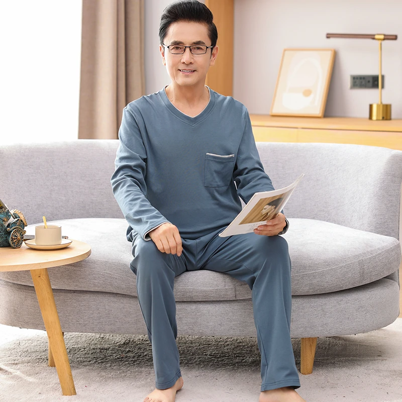 2022年新款纯棉长袖睡衣男士中老年人爸爸宽松大码家居服套装套头