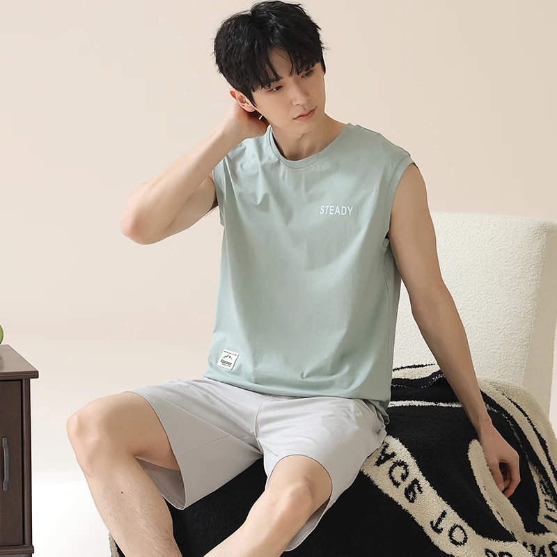 男士睡衣夏季莫代尔棉背心无袖薄款休闲家居服外穿加大码夏天套装