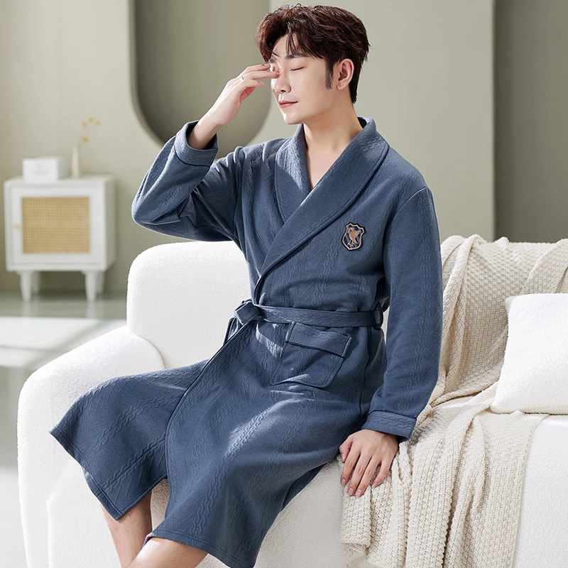 睡袍男士秋冬季中长款加厚纯棉保暖夹棉浴袍男式秋冬款空气棉夹层