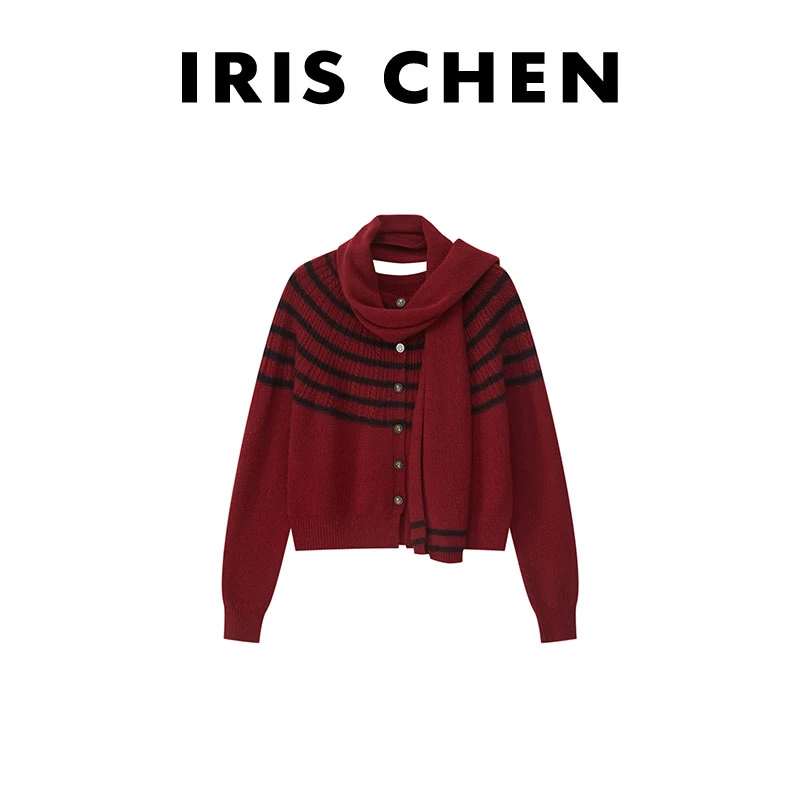 现货IRIS CHEN 风琴 2024冬款100绵羊毛配围脖条纹针织衫24SY607