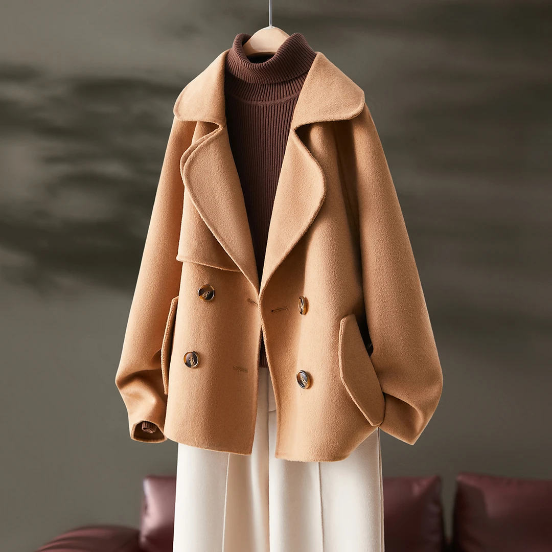 XWI/欣未翻领双面毛呢大衣2024秋冬时尚休闲女短款小个子气质外套