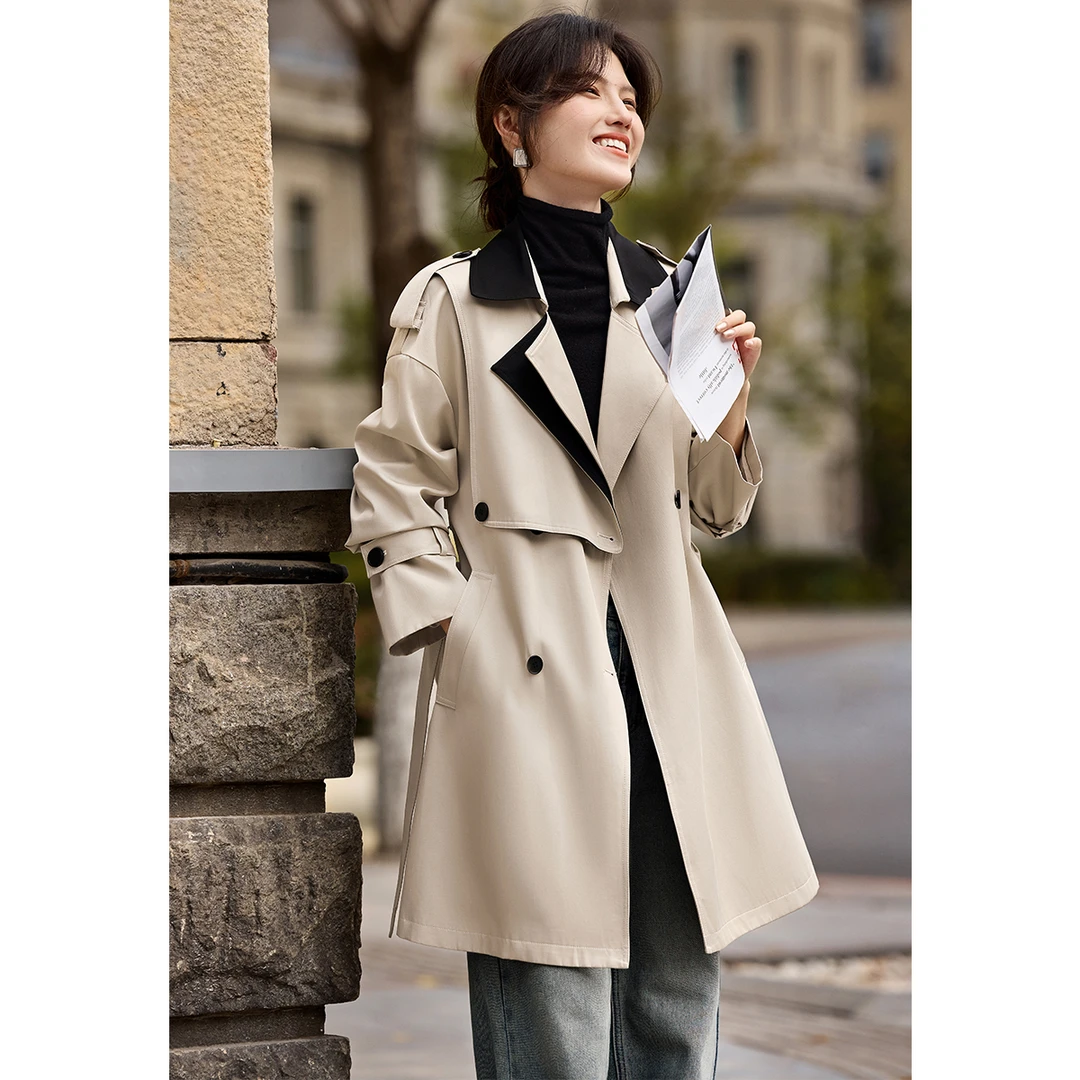XWI/欣未英伦风拼色领经典款风衣24年早秋新款中长款拼色领风衣女