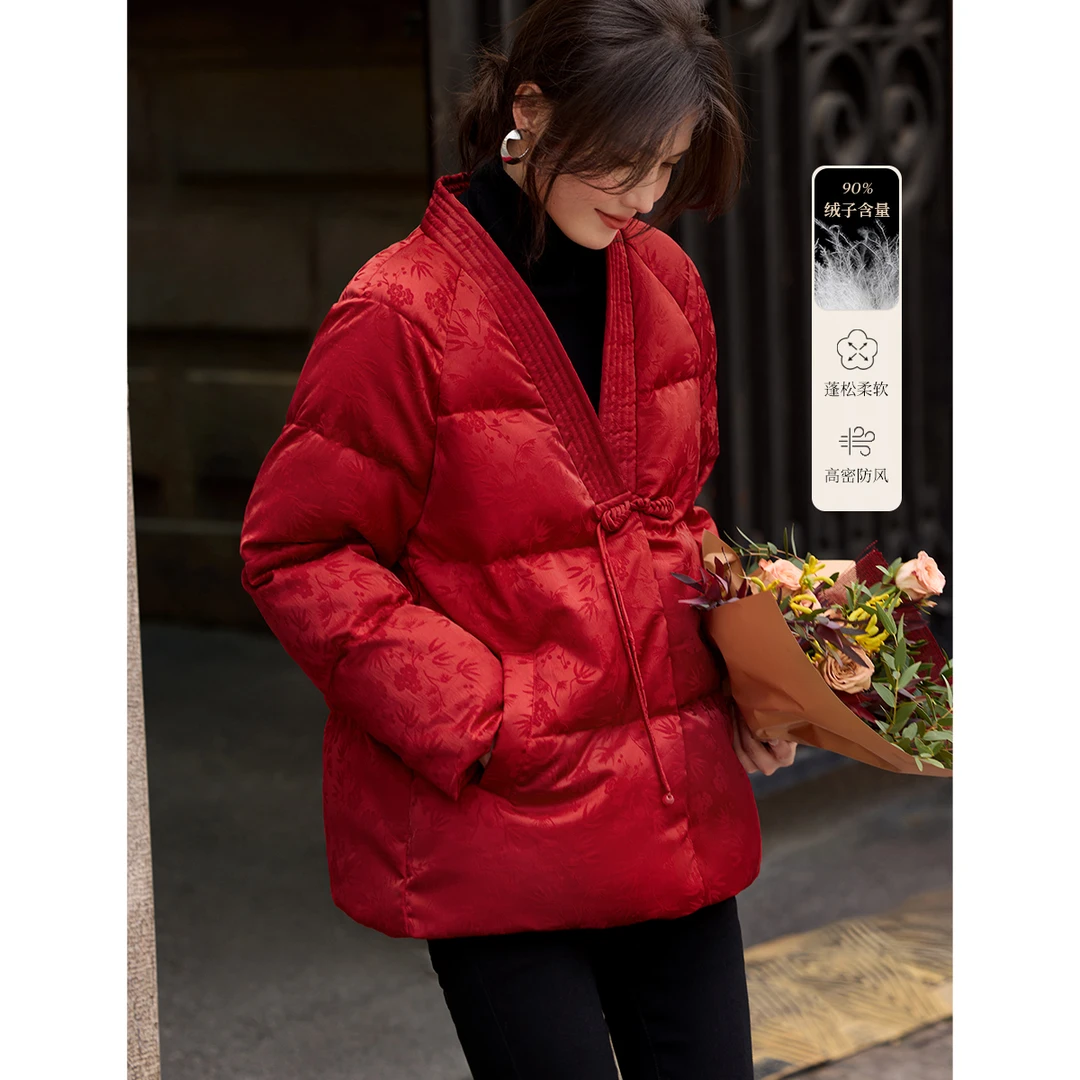 XWI/欣未新中式羽绒服24年冬季新款国风保暖厚款红色羽绒时髦穿搭