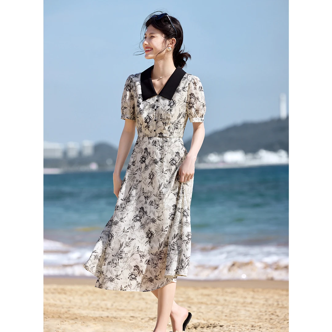 XWI/欣未2025夏季新款印花衬衫领收腰连衣裙法式优雅撞色领连衣裙