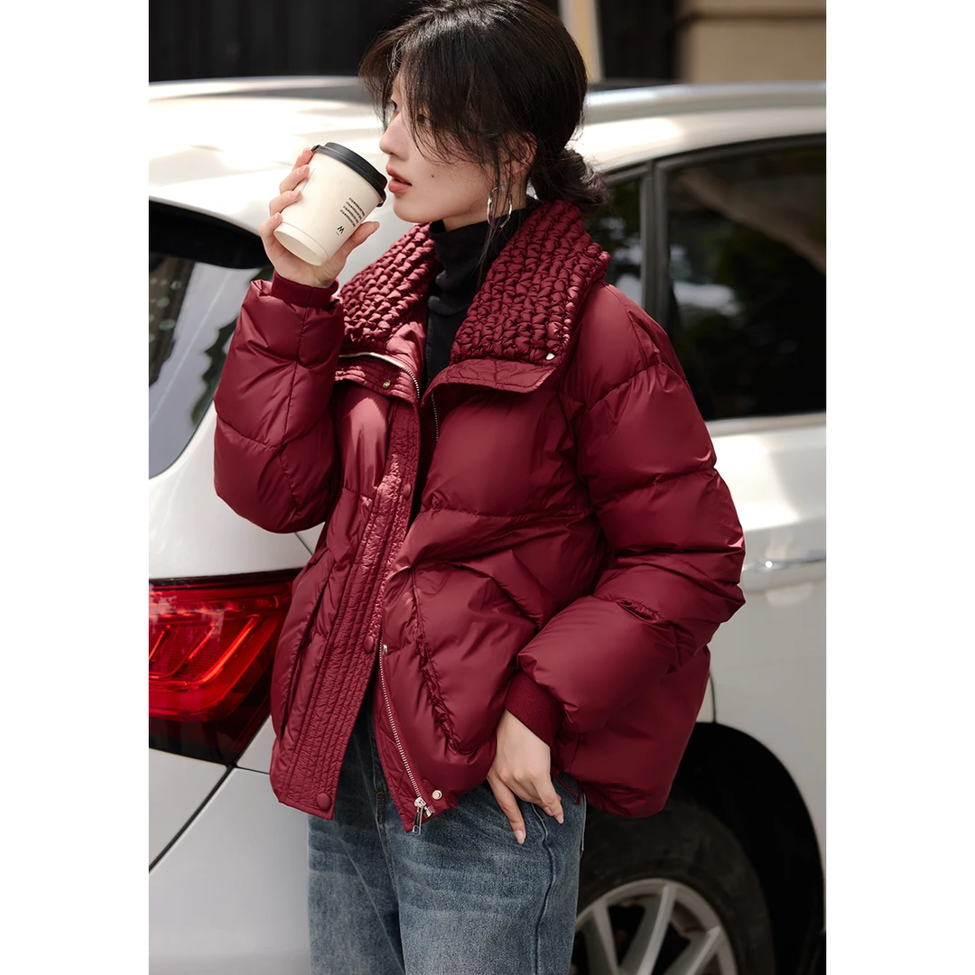 XWI/欣未时尚泡芙安可拉红设计感羽绒服女24冬季新款加厚保暖外套