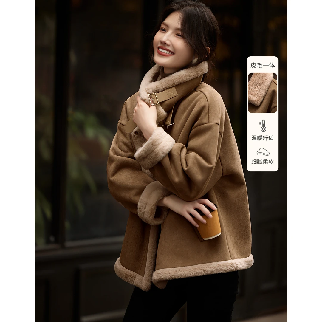 XWI/欣未皮毛一体加厚外套女2024年秋冬新款时尚立领拉链机车服女