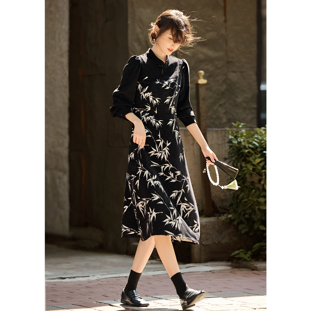 XWI/欣未国风竹叶假两件拼接连衣裙2024冬季新中式竹叶提花连衣裙