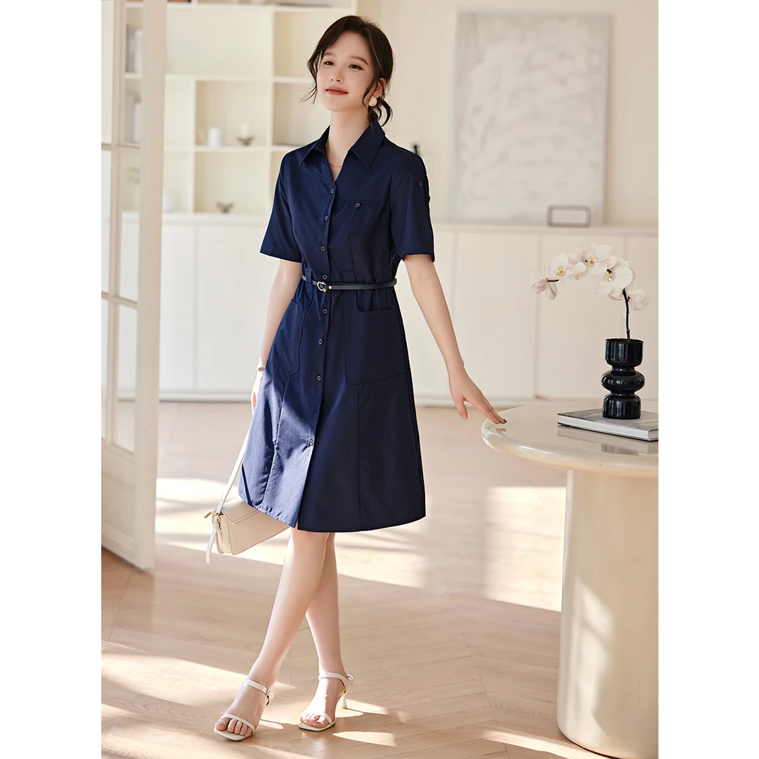 XWI/欣未知性通勤显瘦连衣裙2025夏季新款V领日常通勤衬衫连衣裙