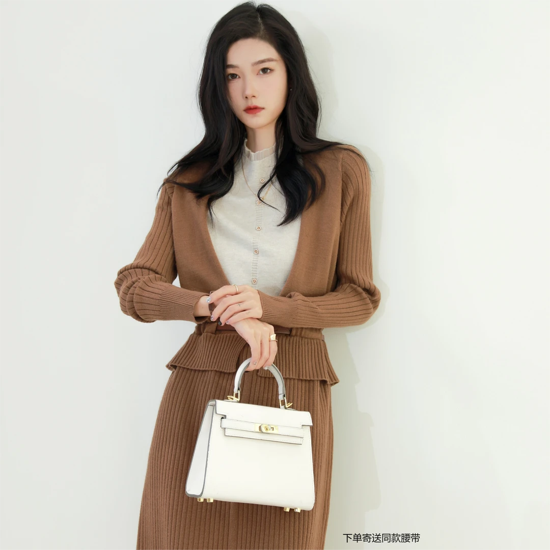 XWI/欣未半高领撞色收腰针织裙2024冬新款女简约知性假两件连衣裙