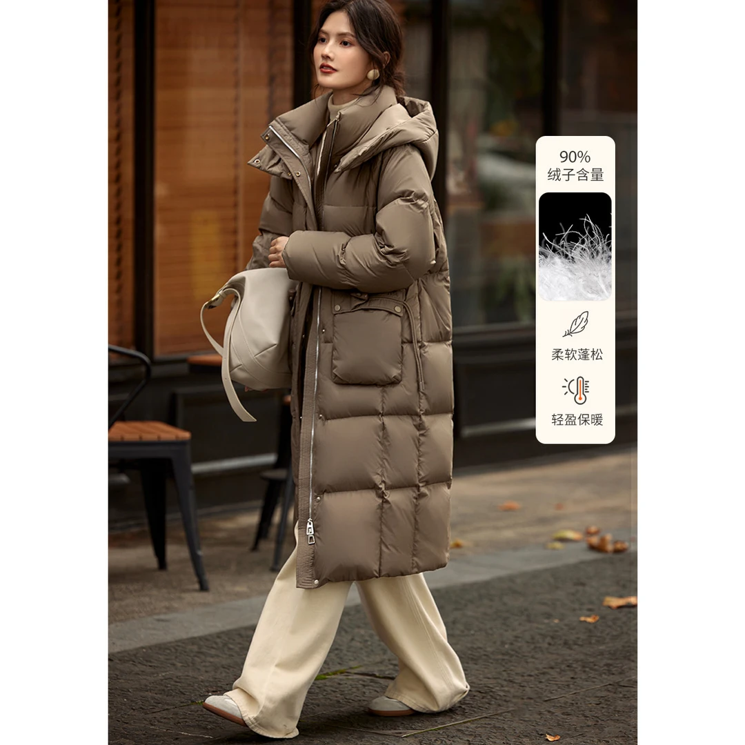 XWI/欣未24冬气质保暖三防羽绒服通勤牛角扣装饰立体袋长款羽绒服