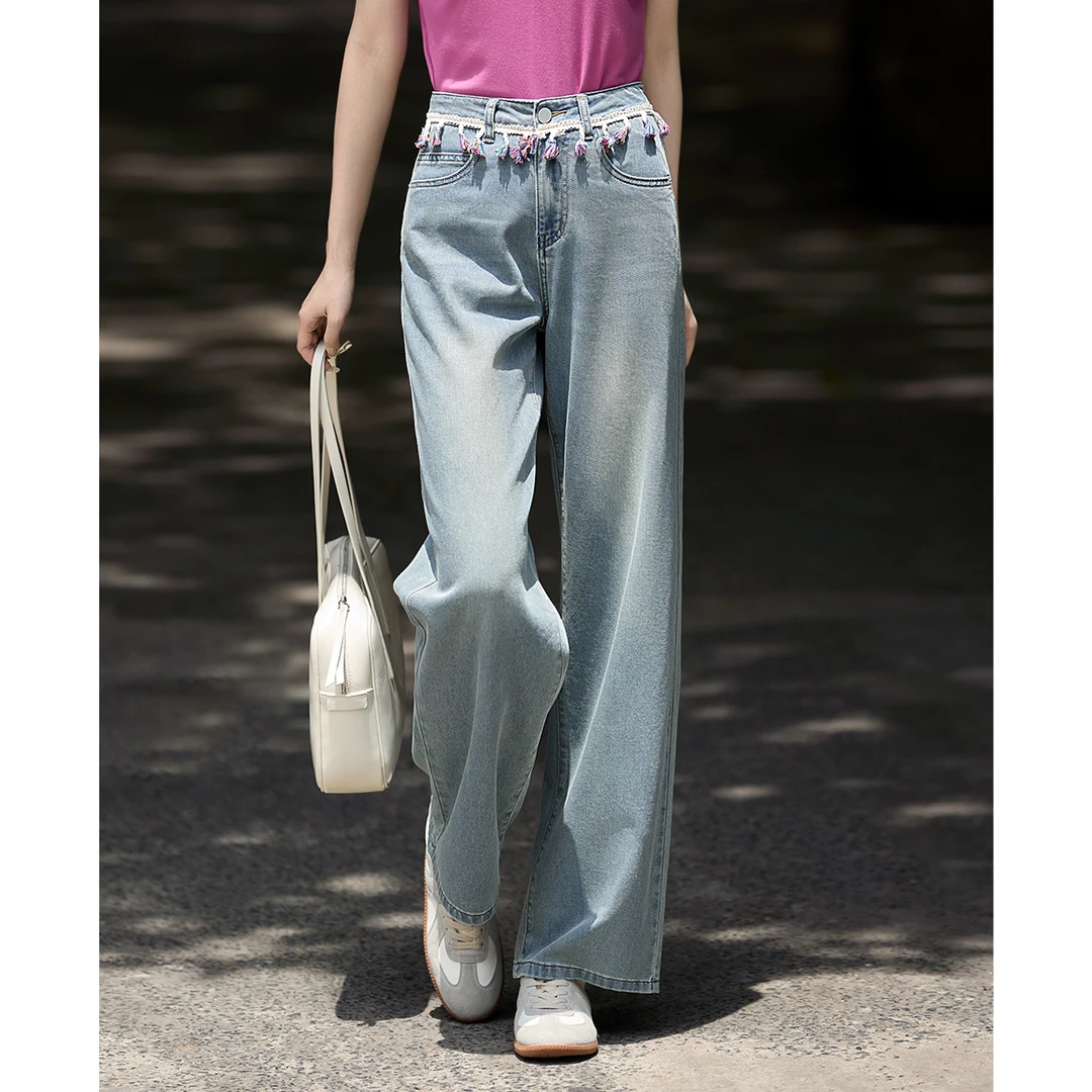 XWI/欣未2025夏季新款流苏织带高腰显瘦直筒牛仔裤流苏装饰牛仔裤