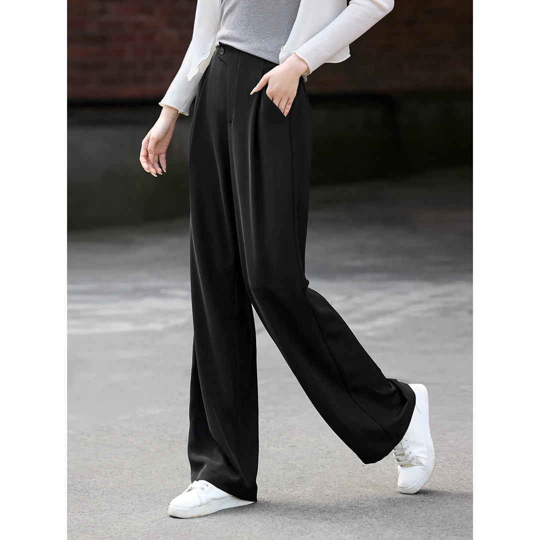 XWI/欣未斜插袋设计显瘦垂感窄版直筒裤2024秋季女黑色高腰西装裤